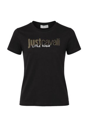 T-shirt nera a maniche corte con girocollo, con la scritta "just cavalli" in borchie dorate e "LITTLE ROGUE" in testo bianco sul petto.