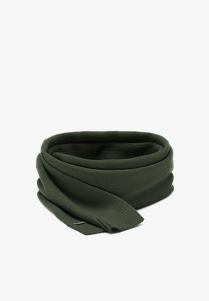 Grøn strikket tørklæde med en glat tekstur, der har afsmalnende ender og et diskret mærketag. Blødt materiale og langstrakt design til alsidig brug.
