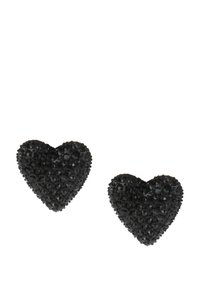 Orecchini a forma di cuore neri, ricoperti di piccoli cristalli neri, con una superficie liscia e lucida e bordi arrotondati.