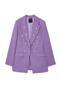 Blazer viola con revers a punta, decorato con bottoni d'argento a forma di stella, due tasche frontali e una fodera interna liscia.