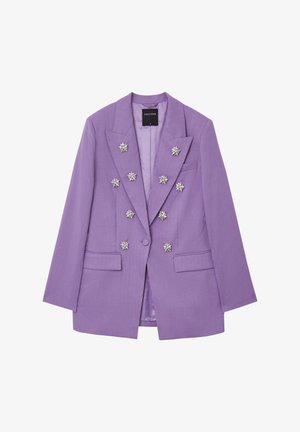 Blazer viola con revers a punta, decorato con bottoni d'argento a forma di stella, due tasche frontali e una fodera interna liscia.