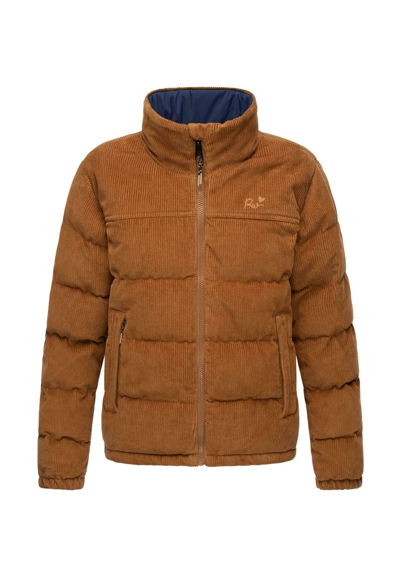 Bruine corduroy pufferjack met een hoge kraag, ritssluiting en twee zijzakken. Gevoerd met blauwe stof en heeft gestikte panelen.