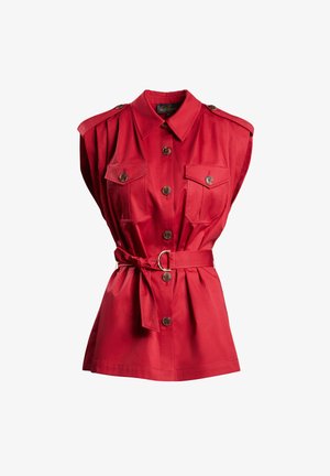 Red sleeveless button-up shirt with two chest pockets, shoulder epaulets, and a matching belt with a silver buckle at the waist.