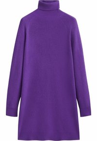 Pull col roulé en maille côtelée violet avec manches longues et silhouette décontractée, présentant un col haut et une texture douce.