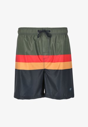 Herren Badehosen in Grün mit horizontalen Streifen in Rot, Orange und Marineblau. Mit einem elastischen Bund und Zugband. Hergestellt aus glattem, leichtem Stoff.