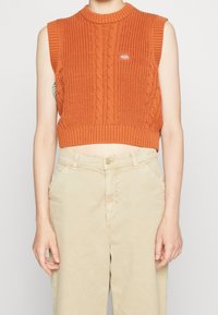 Orange knitted sleeveless crop sweater with a cable pattern and ribbed neckline. Paired with light beige high-waisted pants.