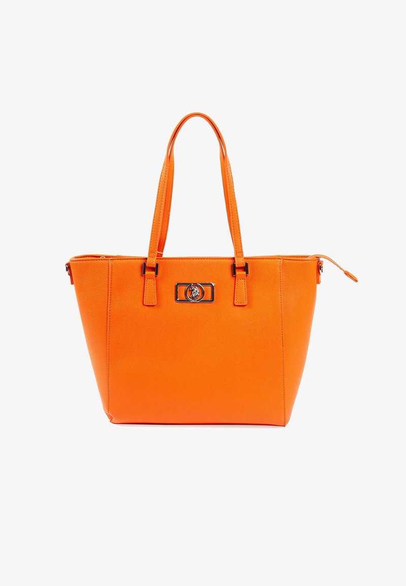 Sac fourre-tout orange avec une texture en cuir lisse, deux anses, une fermeture éclair et un accent en métal argenté à l'avant.