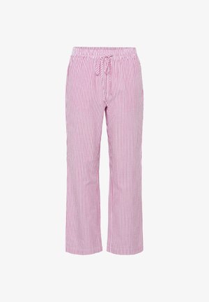 Pantaloni raiati cu talie elastică și șnur. Dungile sunt roz deschis și albe, cu un croi relaxat și scurt. Material din bumbac.