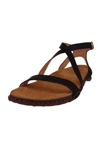 Sandalia de cuero negro con plantilla de corcho, que presenta delgadas correas en forma de cruz y una correa en el tobillo ajustable. Suela plana con detalle de costura.