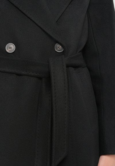 Black coat featuring a double-breasted design, two buttons, and a matching fabric belt. The material appears textured and soft.
