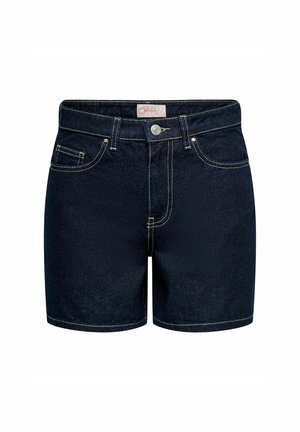 Tumed sinine denimist lühikesed püksid, millel on läikiv disain, viis taskut, kuldne tikand ja nööp ees. Materjal on sileda tekstuuriga.