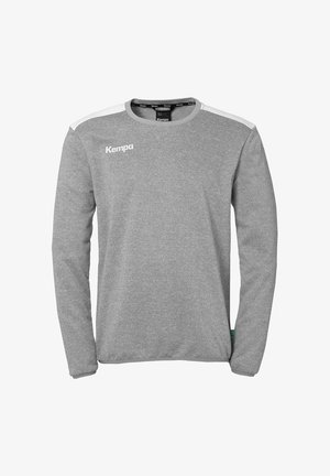 Grijze sweatshirt met lange mouwen en ronde hals, witte schouderaccenten en het "Kempa" logo op de borst. Gemaakt van een gestructureerde stof.