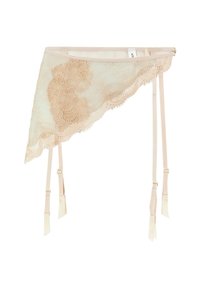 Lace suspender in light pink with intricate floral patterns, scalloped edges, and adjustable straps with decorative ends.