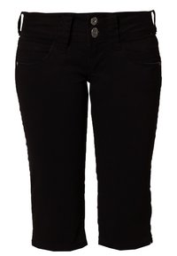 Jeans noirs raccourcis en denim, avec un design classique à cinq poches, deux boutons à l'avant et des jambes droites.