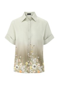 Kurzärmliges, kragenloses Hemd in Hellgrün, mit floralen Mustern in Weiß, Gelb und Orange. Glattes Material mit einem sanften Ombre-Effekt.