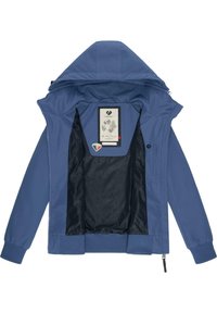 Modra jakna z nastavljivo kapuco, zadrgo in rebrastimi manšetami. Notranjost je črna s poslikano podlogo in oznako.