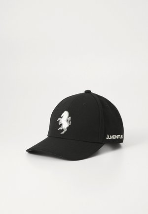 Black cap with a structured design and curved brim. Features a white embroidered horse logo and "JUVENTUS" in white on the side.