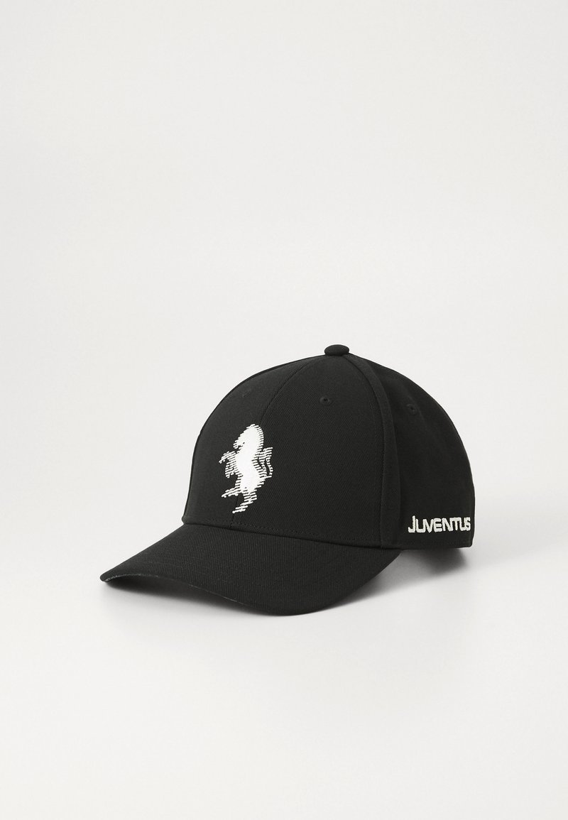 Black cap with a structured design and curved brim. Features a white embroidered horse logo and "JUVENTUS" in white on the side.