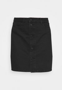 Jupe en denim noir avec une coupe ajustée, fermeture avant à boutons et deux poches. Texture lisse avec un design classique sans motifs visibles.