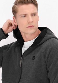 Grå zippehoodie med svart foder och logotyp, med en slät textur och justerbar dragsko på huvan. Bärs över en vit skjorta.