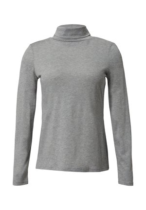 Grijze, langemouwen turtleneck shirt van zacht materiaal, met een slank ontwerp en minimale naden. Geen extra patronen of versieringen.