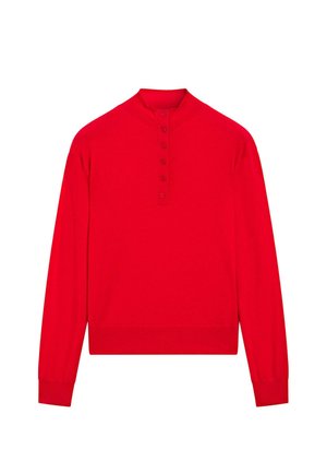 Red long-sleeve top with a high neck and six front buttons. Knit fabric with a smooth texture; fitted cuffs and hemline.