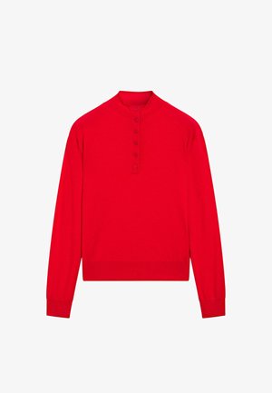 Red long-sleeve top with a high neck and six front buttons. Knit fabric with a smooth texture; fitted cuffs and hemline.