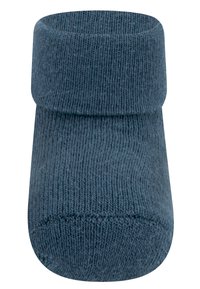 Calzino blu lavorato a maglia con risvolto, caratterizzato da un motivo a costine decorativo. Tessuto morbido e design con punta arrotondata.