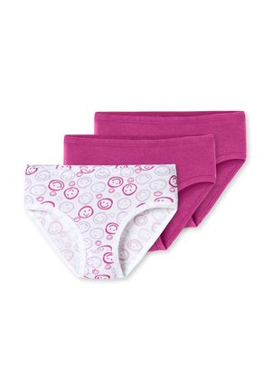 Three children's panties, two solid magenta and one white with magenta and gray smiley face patterns, stacked on a white background.