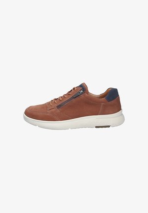 Brown leather casual sneaker with white sole, side zipper, lace-up front, and navy padded heel collar, displayed on white background.