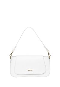 Biała torba damska z syntetycznej skóry o zaokrąglonym kształcie, z pojedynczym paskiem i złotymi akcentami. Posiada zapięcie na klapę i subtelną markę.
