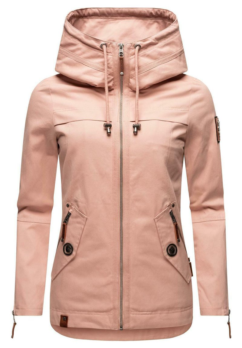 Light pink hooded jacket made of soft fabric. Features a front zipper, two side pockets with flaps, and drawstring adjustments. Brown accents.
