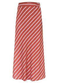 Jupe rouge avec des rayures blanches diagonales, fabriquée dans un tissu léger. Design en A, avec une taille et une coupe longueur de sol.