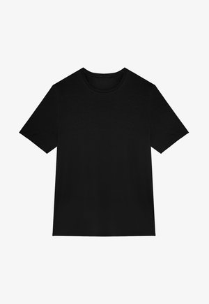 Black short-sleeve t-shirt made of soft fabric, featuring a round neckline and a simple, unadorned design without patterns or graphics.