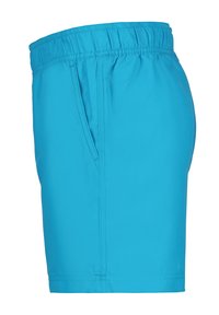 Pantaloni da bagno blu con cintura elastica, tasca laterale, texture liscia e design fino al ginocchio. Nessun motivo visibile o dettagli in metallo.