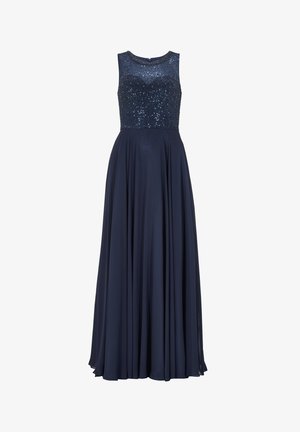 Vestido de noche azul marino con diseño sin mangas, cuerpo con lentejuelas y falda fluida, hecho de una tela ligera.