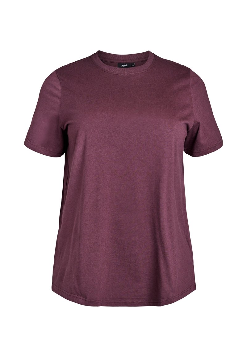 Bordeaux-rotes Kurzarm-T-Shirt aus weichem Stoff, mit Rundhalsausschnitt, geradem Saum und lockerer Passform. Keine Muster oder sichtbaren Hardware-Elemente.