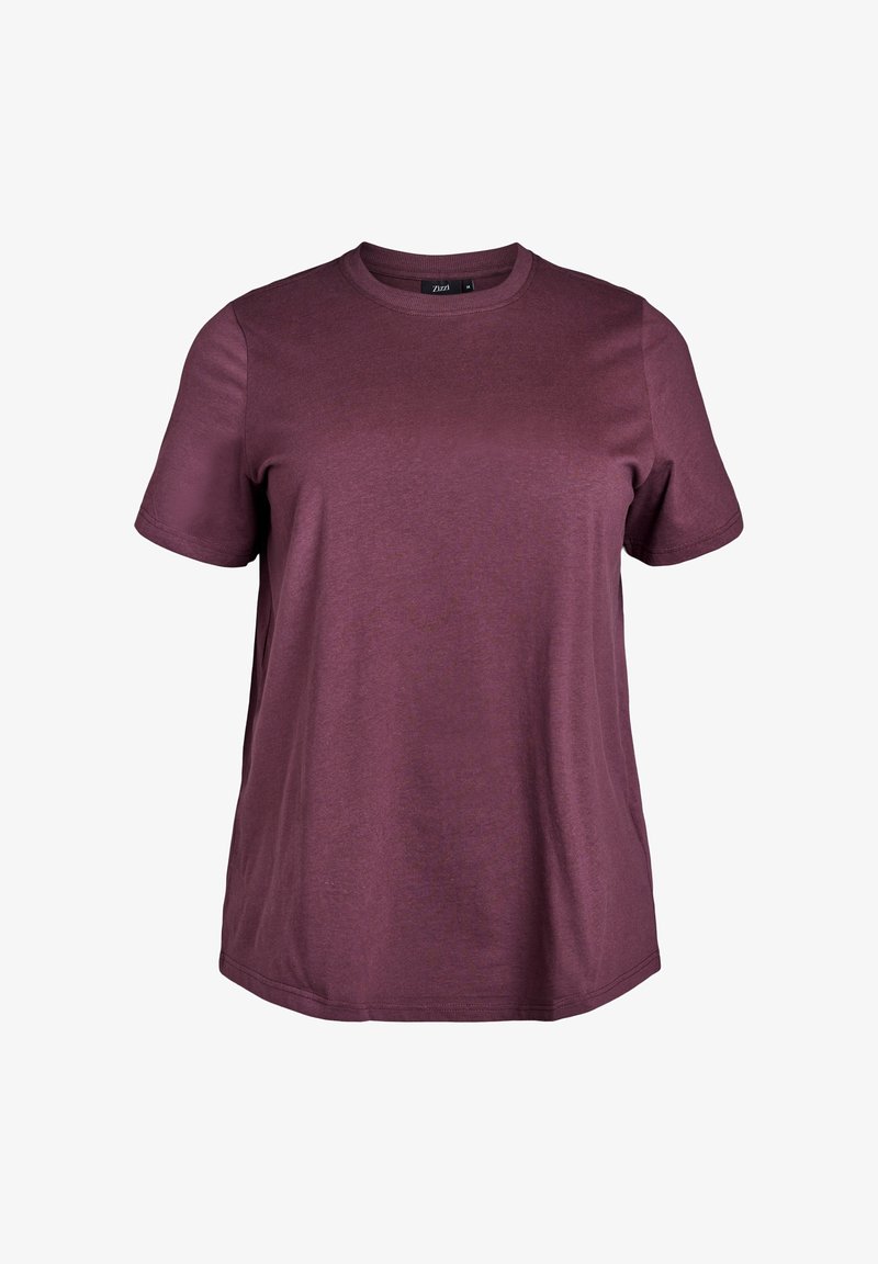 Bordeaux tričko s krátkým rukávem vyrobené z měkké tkaniny, s kulatým výstřihem, rovnými lemy a volným střihem. Bez vzorů a viditelného kování.