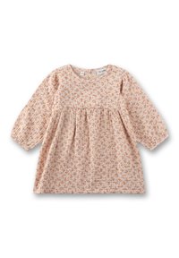 Hellrosa Baumwollkleid mit langen Ärmeln, gerafftem Oberteil und kleinem Blumenmuster in Orange- und Gelbtönen. Rundhalsausschnitt und weiche Textur.