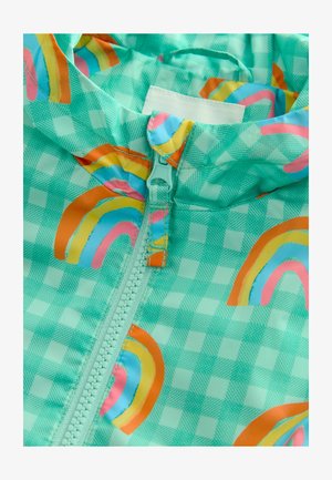 Lahka kapuca v meti zeleni barvi s zadrgo spredaj, karirastim vzorcem in barvitimi mavričnimi potiski ter gladko, sijajno teksturo.