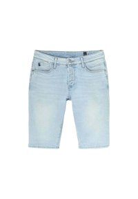 Lichtblauwe denimshorts met voorzakken, riemlussen, knoopsluiting en subtiele vervaging op de dijen.