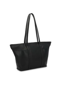 Borsa tote in pelle nera con manici lunghi, forma strutturata e texture liscia. Presenta cuciture verticali sui lati per un tocco di dettaglio.