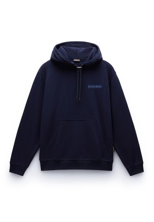Marineblauwe hoodie van een katoenmix, voorzien van een voorzak, verstelbare trekkoord en logodetail op de borst. Zachte textuur.