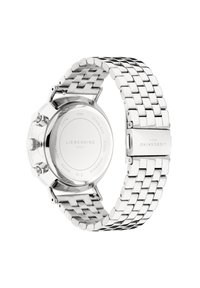 Edelstahl-Armbanduhr mit einem silbernen, strukturierten Gliederarmband und einem runden Gehäuse. Verfügt über einen glatten Rücken mit eingravierten Markendetails. Wasserdicht.