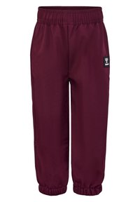 Bordeauxrote Sweatpants verfügen über einen elastischen Bund, Bündchen an den Beinen und ein kleines schwarzes Logo-Patch auf der linken Seite. Das Material ist glatt und leicht.