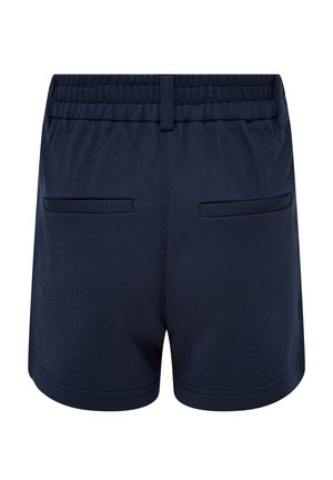 Marineblau Shorts mit einem elastischen Bund, zwei hinteren Taschen und einer glatten Textur. Merkmale sind minimale Nähte und ein gerader Saum.