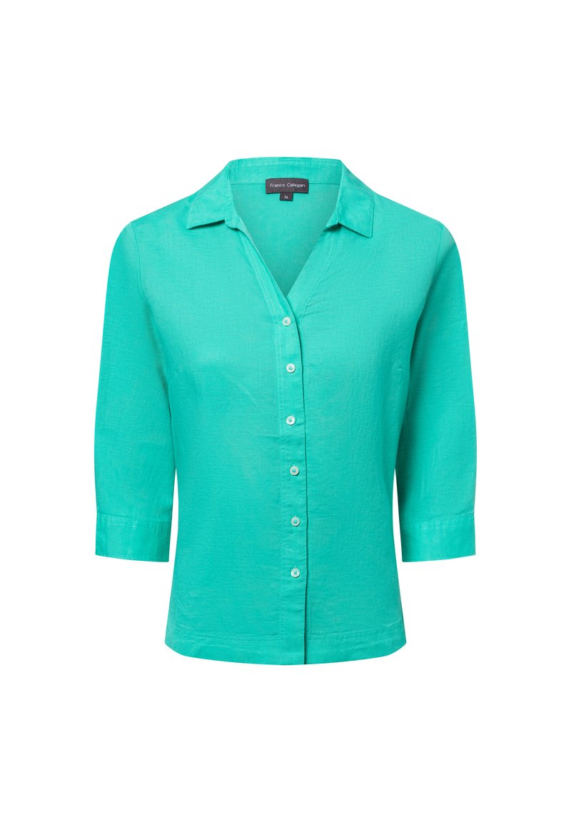 Camicia turchese con colletto, maniche a 3/4 e una leggera trama. Presenta bottoni frontali e un design con orlo dritto.