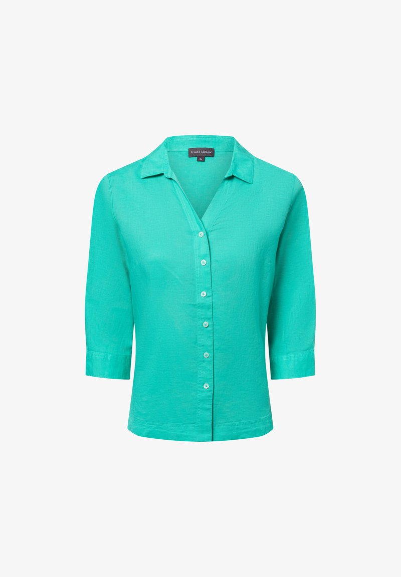 Türkises Hemd mit Knöpfen, Kragen, 3/4-Ärmeln und einer leichten Textur. Verfügt über Frontknöpfe und ein gerades Saaldesign.
