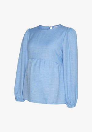 Šviesiai mėlyna ilgomis rankovėmis palaidinė su apvalia iškirpte, surinktomis rankovėmis ir laisvu siluetu. Pagaminta iš tekstūruotos medžiagos su subtiliu raštu.