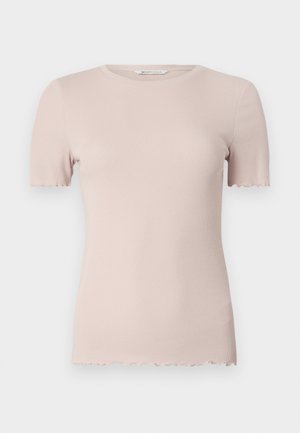T-shirt à manches courtes côtelé rose clair avec un col rond et un ourlet à volants. Fabriqué en matériau doux et extensible pour un confort optimal.